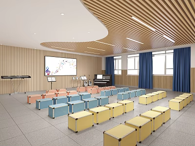 Modern Music Classroom Interior With Colorful Stools And Instruments 3d model