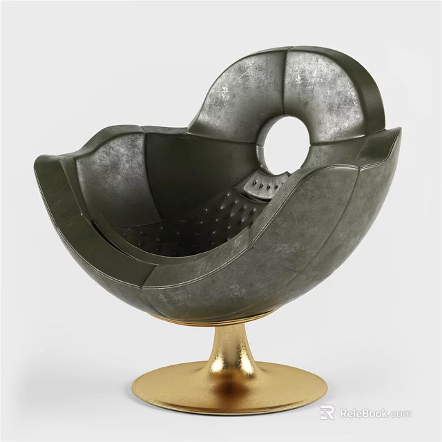Dark Colored Leather Leisure Chair With Unique Circular Cutout Backrest And Golden Base 3d model 