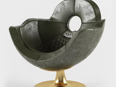 Dark Colored Leather Leisure Chair With Unique Circular Cutout Backrest And Golden Base 3d model