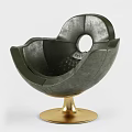 Dark Colored Leather Leisure Chair With Unique Circular Cutout Backrest And Golden Base