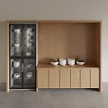 Wooden Sideboard With Glass Door Cabinet Bowls Dishes White Bowls And Small Potted Plants