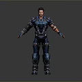 Detailed Game Movie Male Character In Blue Mechanical Armor Standing With Arms Outstretched
