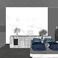 Modern Clothing Store Interior With Folded Blue Clothes Hanging Garments And Marble Countertop