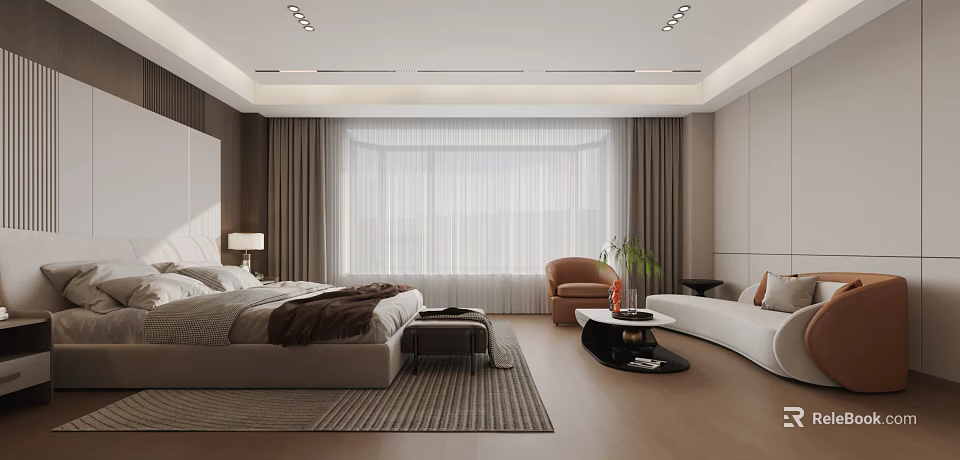 Modern Bedroom Interior Design With Comfortable Bed Spacious Window Cozy Chair And Plush Rug 3d model 