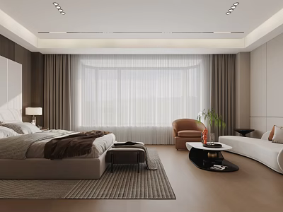 Modern Bedroom Interior Design With Comfortable Bed Spacious Window Cozy Chair And Plush Rug 3d model
