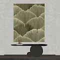 Ginkgo Leaf Pattern Painting With Green Beige Tones Above Black Round Table And Decorative Objects 3d model