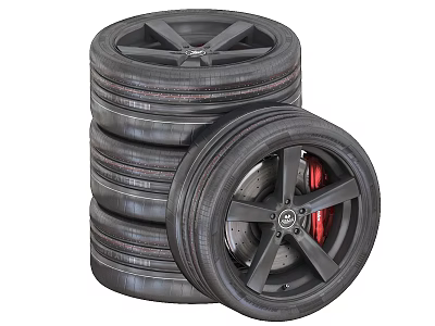 High Quality Stacked Car Tires With Black Rims And Red Brake Calipers 3d model