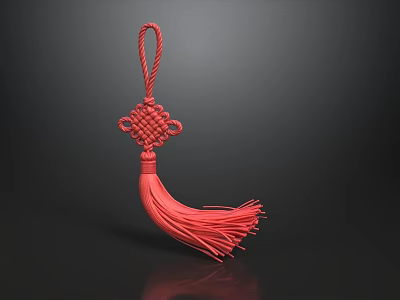 Red Chinese Knot Ornament With Tassel On Dark Reflective Background 3d model