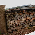 Wooden Logs Stacked Structure With Corrugated Metal Roof And Tree Trunk Surrounded By Fallen Leaves