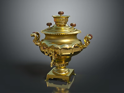 Vintage Golden Decorative Ornament Set With Intricate Carvings And Handles 3d model
