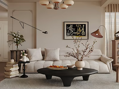 Cozy Living Room Interior With Beige Sofa Black Coffee Table Decorative Painting And Floor Lamp 3d model