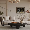 Cozy Living Room Interior With Beige Sofa Black Coffee Table Decorative Painting And Floor Lamp