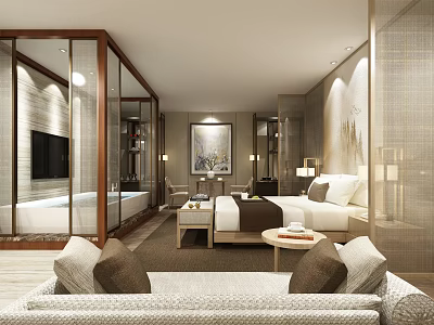 Luxury Modern Hotel Room Interior With Comfortable Bed Sofa TV And Decorative Painting 3d model