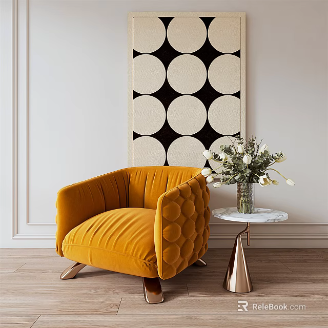 Orange Velvet Armchair with Decorative Wall Art and Side Table Flowers 3d model 