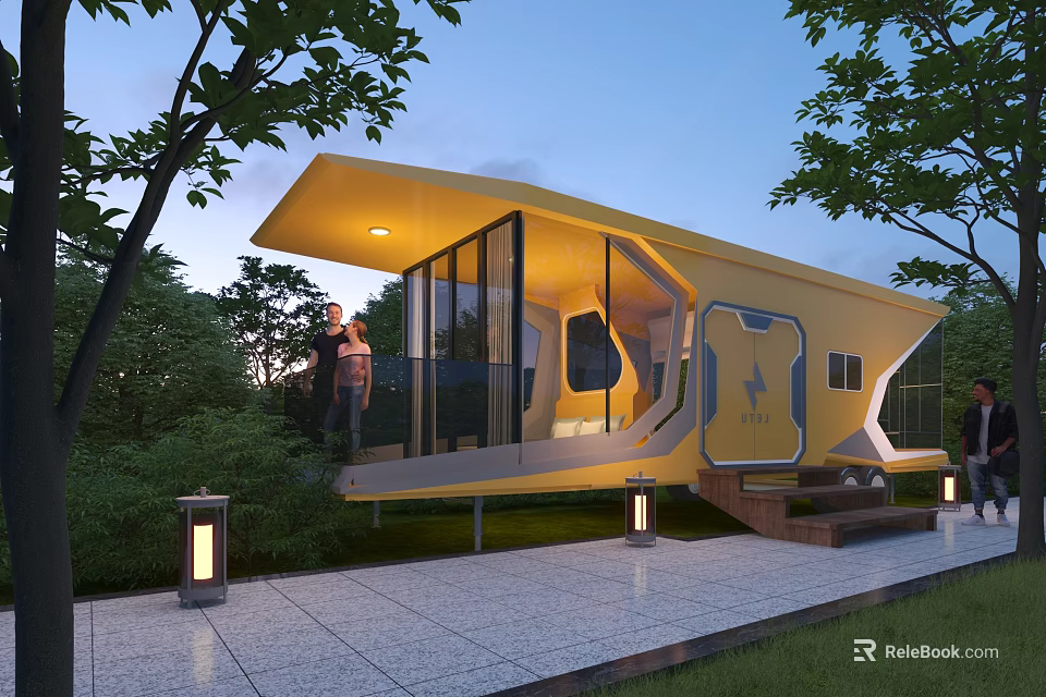 Yellow Modern Boutique Hotel Building With Glass Walls Surrounded by Trees And Outdoor Lighting 3d model 