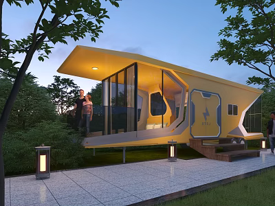 Yellow Modern Boutique Hotel Building With Glass Walls Surrounded by Trees And Outdoor Lighting 3d model