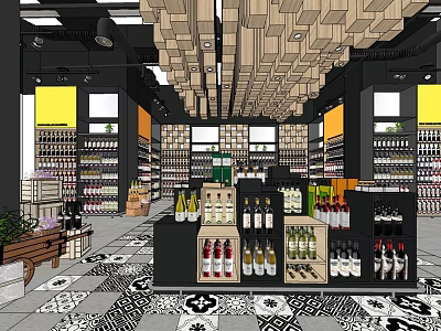 Supermarket Grocery Store Interior With Shelves Beverages Alcohol Bottles And Patterned Floor 3d model