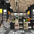 Supermarket Grocery Store Interior With Shelves Beverages Alcohol Bottles And Patterned Floor