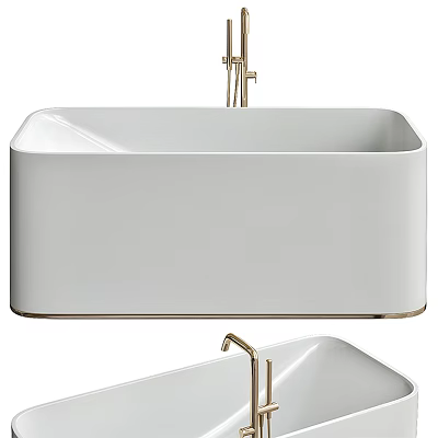 Modern White Freestanding Bathtub In Bathroom With Gold Faucet And Sleek Design 3d model