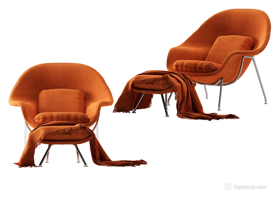 Stylish Orange Accent Chairs with Ottoman and Cozy Blanket for Living Room Decor 3d model 
