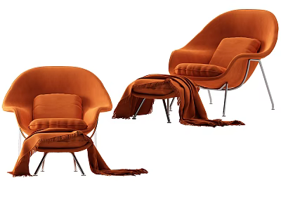 Stylish Orange Accent Chairs with Ottoman and Cozy Blanket for Living Room Decor 3d model