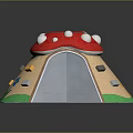 Mushroom Shaped Playhouse With Red Roof White Spots Brown Body Transparent Door Green Grass Base