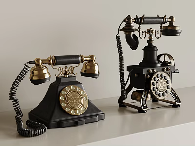 Vintage Telephones with Classic Design Two Different Styles Black Gold Finish on White Tabletop 3d model