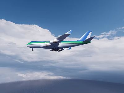 Blue and Green Passenger Airplane Flying Under Blue Sky With Blue Wings and White Clouds 3d model