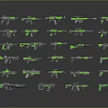 Various Types of Black and Green Weapons Neatly Arranged in