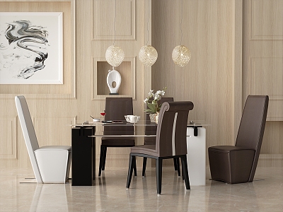 Modern Dining Table and Chair Combination Chandelier Decorative Painting Tableware Flower Art 3d model