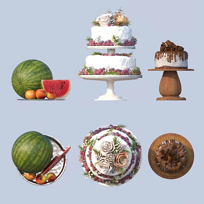 Fresh Delicious Food With Watermelon Cherry Tomatoes Decorated Cakes And Chocolate Dessert 3d model