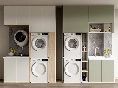 Modern Bathroom Cabinet With Stacked Washer Dryer Sink Faucet And Storage In Light Gray Green 3d model