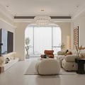 Modern Living and Dining Room Interior With Wall TV Round Sofa Plants And Chandelier