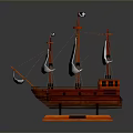Decorative Wooden Sailboat Model with White Sails Red Hull Black Flag on Orange Base