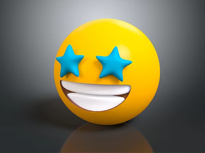 Cheerful Yellow Emoji With Blue Star Eyes And Smiling Mouth Design 3d model