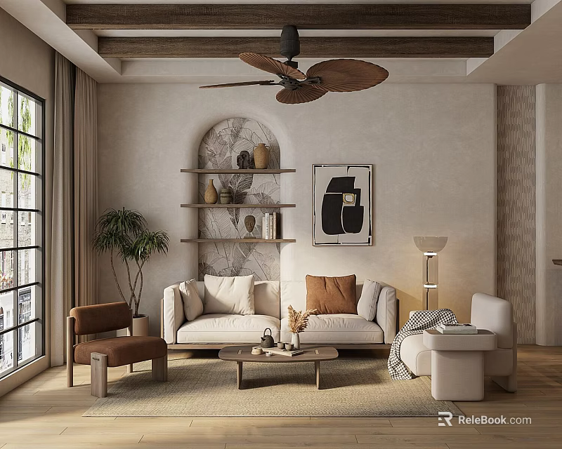 Modern Living Dining Room Interior With Beige Sofa Wooden Ceiling And Arched Shelves 3d model 
