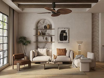 Modern Living Dining Room Interior With Beige Sofa Wooden Ceiling And Arched Shelves 3d model