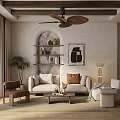 Modern Living Dining Room Interior With Beige Sofa Wooden Ceiling And Arched Shelves