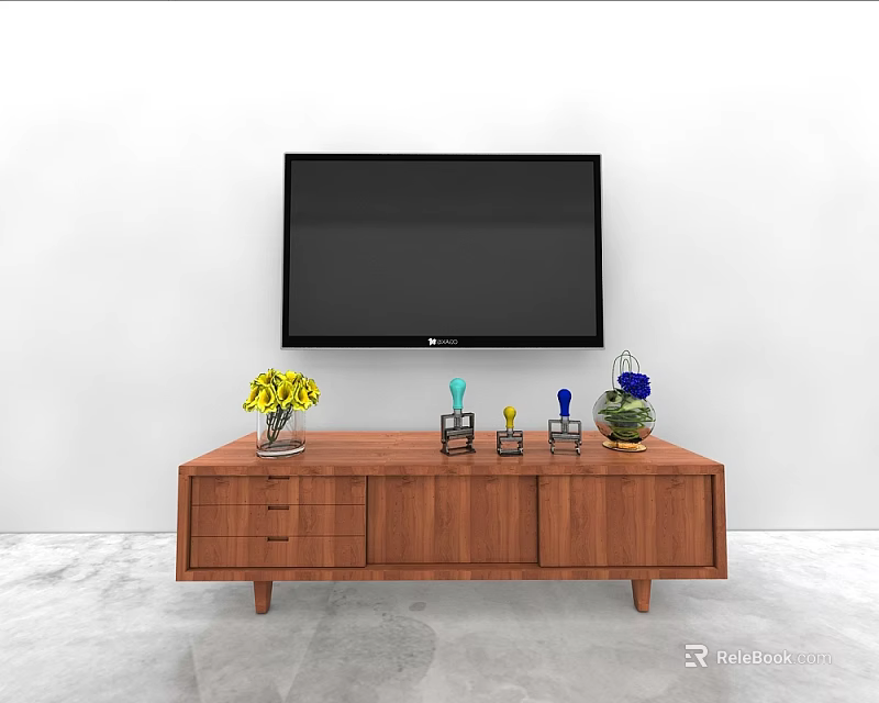 Modern Wooden TV Stand With Mounted TV Decorative Vase And Small Ornaments 3d model 