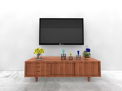 Modern Wooden TV Stand With Mounted TV Decorative Vase And Small Ornaments 3d model