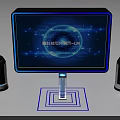 Modern Background Wall With Virtual Interface Blue Globe Digital Spots Flanking Devices And Central Column