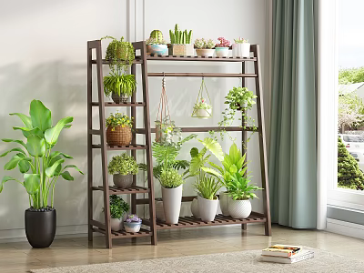 Wooden Multi Tiered Plant Shelf With Hanging Plants And Potted Greenery Indoor 3d model