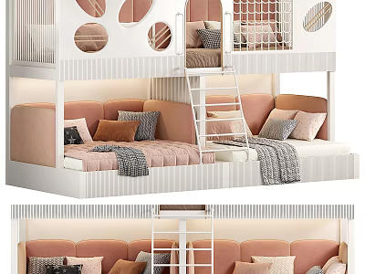Cute Kids Bunk Bed with Guardrails Ladder Sofa Lower Pink White Pillows and Circular Windows 3d model