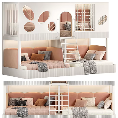 Cute Kids Bunk Bed with Guardrails Ladder Sofa Lower Pink White Pillows and Circular Windows 3d model