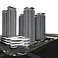 Modern High Rise Residential Buildings With Commercial Podium And Landscaped Areas