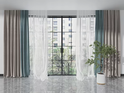 Gray And Teal Layered Curtains With Sheer Panels For Living Room Window And Indoor Plant 3d model