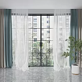 Gray And Teal Layered Curtains With Sheer Panels For Living Room Window And Indoor Plant