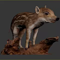 Striped Brown Baby Wild Boar Sculpture Standing On Wooden Base