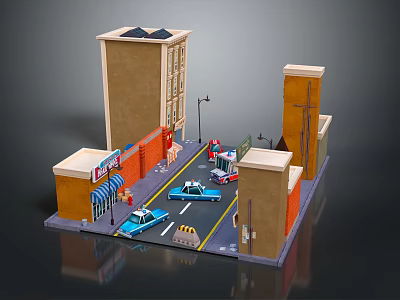 Vibrant Cartoon City Street Scene With Tall Buildings Blue Police Cars And Street Lamps 3d model