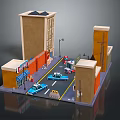 Vibrant Cartoon City Street Scene With Tall Buildings Blue Police Cars And Street Lamps